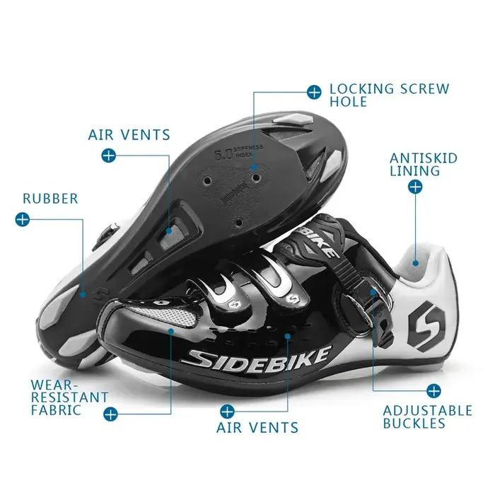 Chaussures de vélo de route professionnelles en cuir noir avec semelle en nylon et intérieur en caoutchouc pour cyclisme athlétique