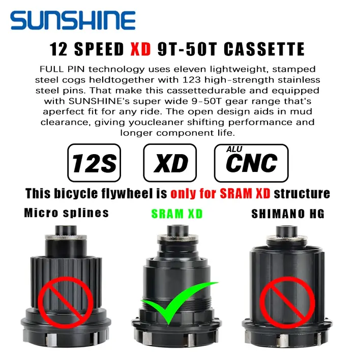 SUNSHINE XD Structure vélo Cassette 12 vitesses 9T-50T noir VTT roue libre 12V pour Sram XD