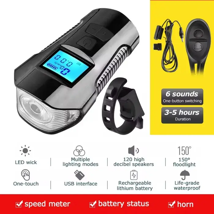 Lampe frontale de vélo portable avec klaxon
