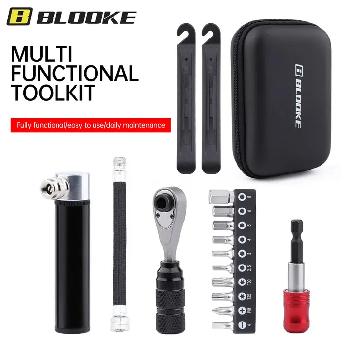 Kit d'outils de réparation de vélo multifonctionnel BLOOKE avec clé à cliquet, douilles, levier de démontage de pneu et pompe pour VTT et vélo de route