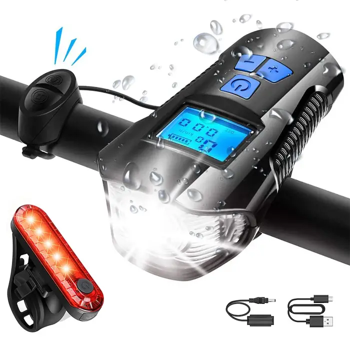 Ensemble d'éclairage de vélo, phare de vélo avec klaxon et compteur de vitesse, odomètre, feu avant