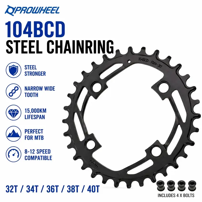 Plateau de pédalier Prowheel 104BCD en acier 32T 34T 36T 38T 40T Narrow Wide Super Durable 15000KM pour VTT 8/9/10/11/12 vitesses