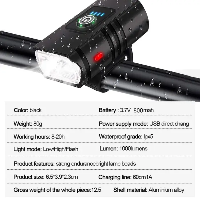 Lampe de poche LED aste USB pour vélo, éclairage avant de vélo, lampe de sauna de vélo, lampe VTT, 6 modes, BK02, T6