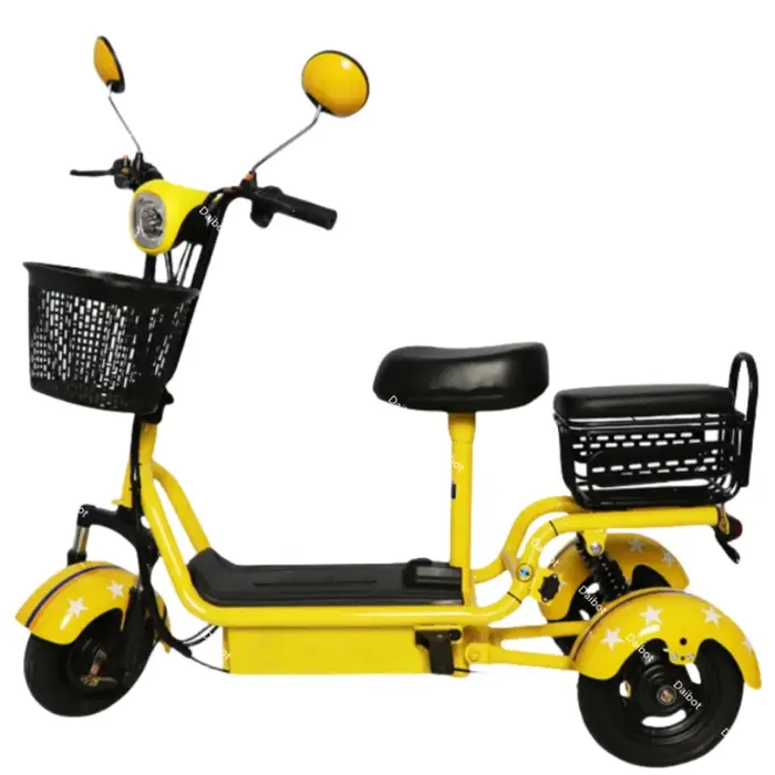 Trottinette électrique de banlieue jaune légère à 3 roues avec 2 sièges et paniers pour femme, Mini