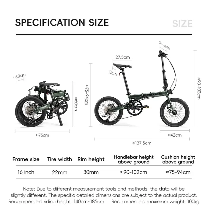 ROCKBROS vélo pliant 16 pouces 9 vitesses double frein C cadre en alliage d'aluminium adulte