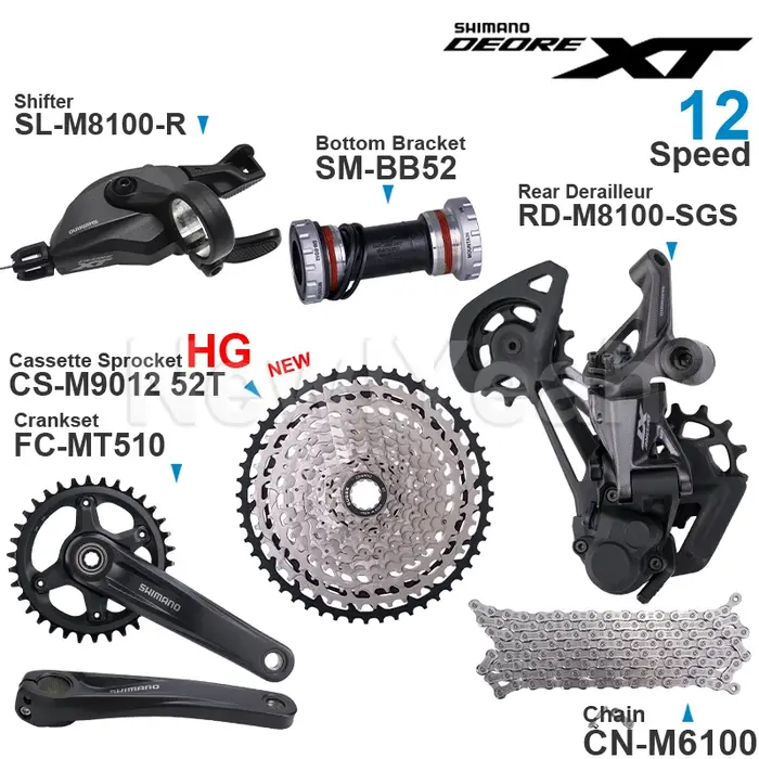 Groupe de transmission SHIMANO DEORE XT M8100 12 vitesses SL-M8100 RD-M8100 FC-MT510 et cassette pignon 50T/52T chaîne