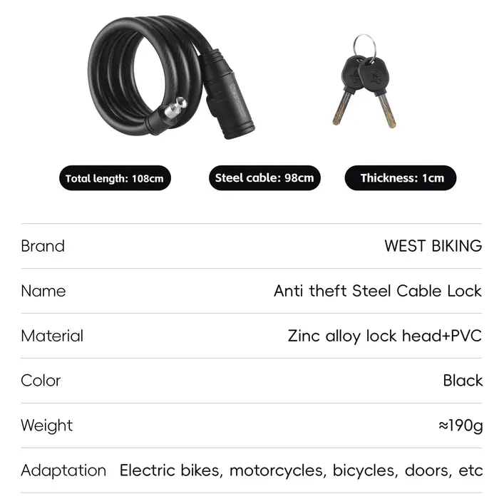 Serrure de câble en acier pour vélo