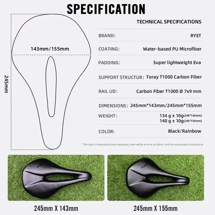 Selle de vélo de route en carbone T1000 ultra légère 134g avec rails ovales 7x9mm et coussin en cuir PU pour cyclisme de compétition
