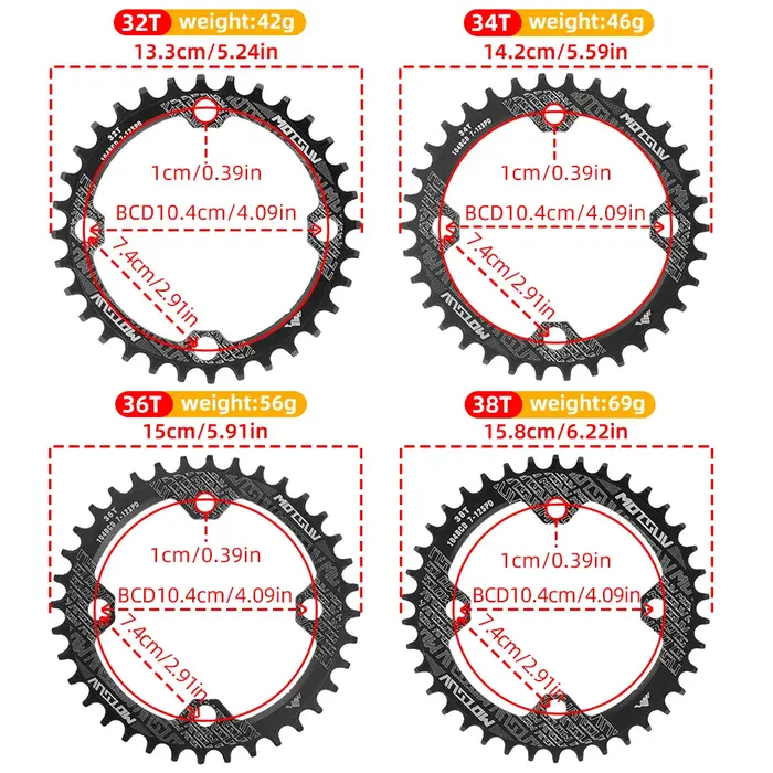 MOTSUV 104BCD vélo forme ronde roue à chaîne large étroite 32T/34T/36T/38T vtt plateau en alliage d'aluminium