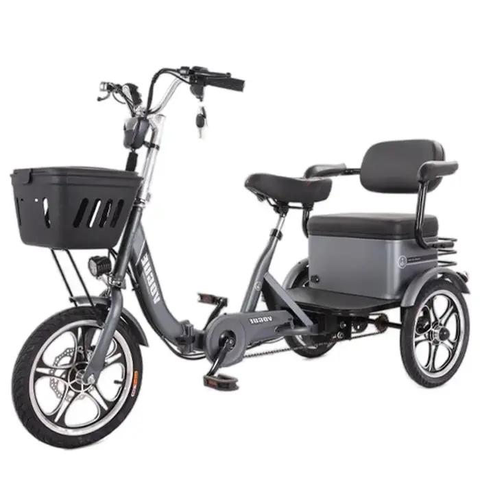 Tricycle électrique pliant Daibot pour 2 personnes avec siège passager moteur 400W batterie lithium 20AH cadre acier au carbone rouge gris beige pour ville et famille