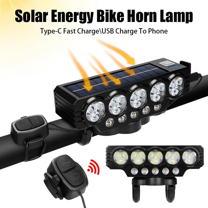 Feu avant de vélo solaire haute luminosité XPE avec 20 LED et klaxon pour VTT et ville étanche rechargeable USB Type-C