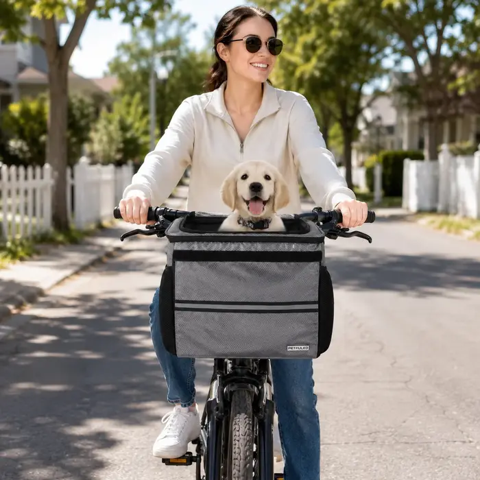 Panier de vélo pour petits et moyens animaux de compagnie avec filet respirant, panier de vélo amovible pour guidon avant pour faire du vélo avec votre chien