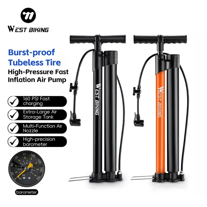 Pompe à vélo WEST BIKING, pompe à air portable à double tube haute pression, gonflage rapide, pompe à air avec manomètre, pompe à air pour VTT et vélo de route