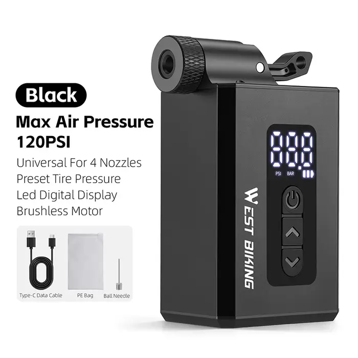 Pompe à vélo électrique WEST BIKING, 4 embouts, valve Clik, compresseur d'air portable, 120 PSI, aff