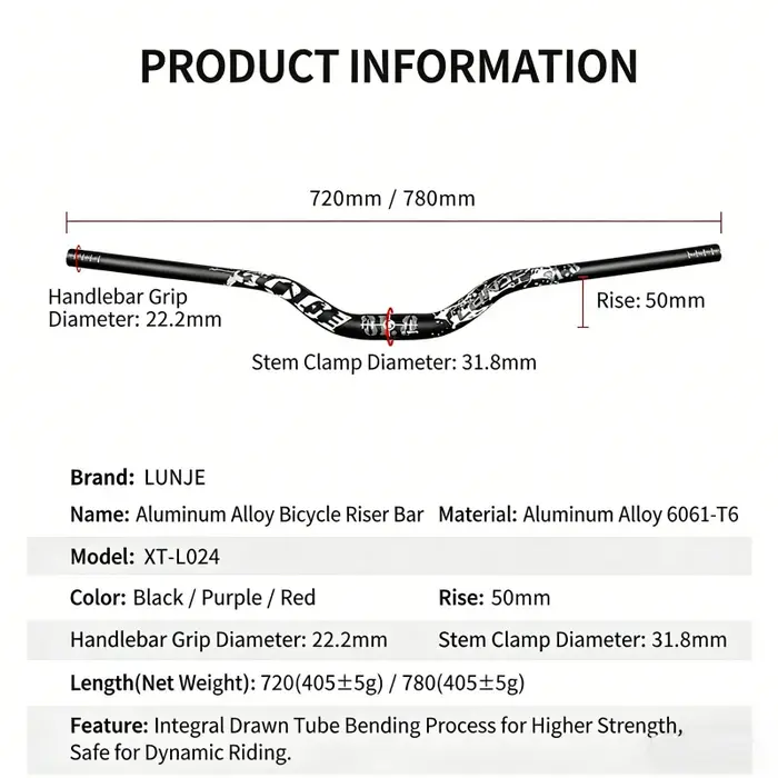 Guidon de VTT pour descente XC/AM tout-terrain, longueur 720/780 mm, hauteur de montée 50 mm, grand angle, violet, noir, rouge