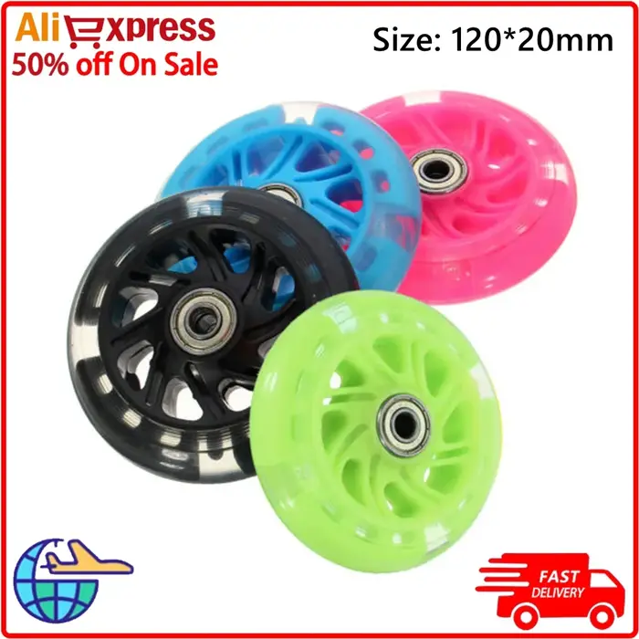 Roues de scooter électrique Flash LED 120mm en PU pour enfant avec éclairage dynamique et roulements haute performance pour remplacement sécurisé sur terrain privé