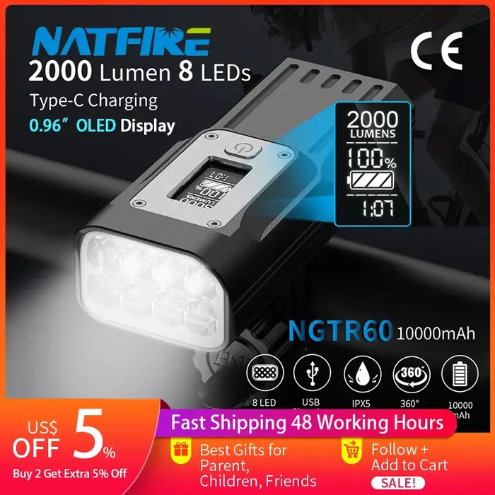 NATFIRE NGTR60 Lampe de vélo puissante avec affichage de données en temps réel OLED, phare de vélo r