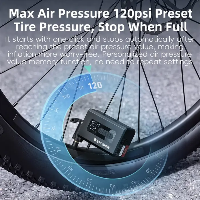 Pompe à vélo électrique miniature WEST BIKING 120 PSI, gonflage rapide avec pression prédéfinie pour valves Presta, Schrader, Dunlop et Clik