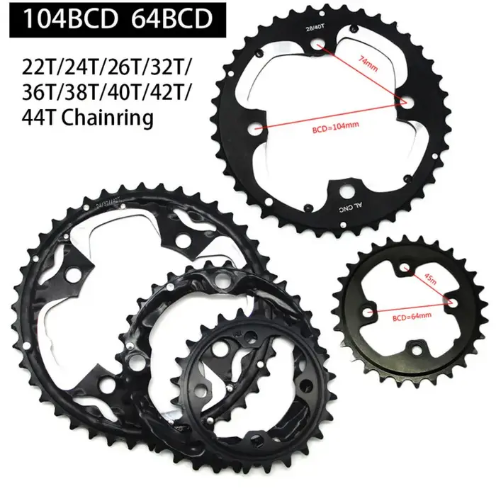Roue à chaîne de vélo vtt 22/24/26/28/32/36/38/42/44T, pour pédalier Shimano Sram 64/104BCD, pignon Double/Triple vitesse