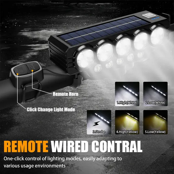 Feu avant de vélo solaire haute luminosité XPE avec 20 LED et klaxon pour VTT et ville étanche rechargeable USB Type-C