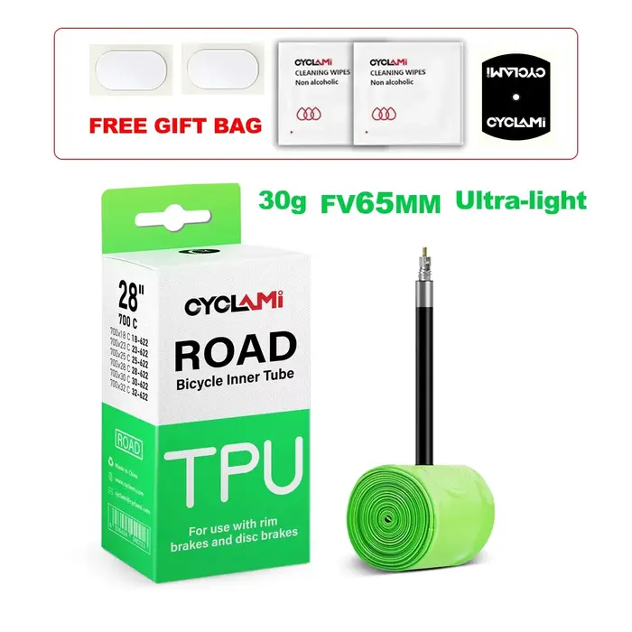 Chambre à air de vélo CYCLAMI ultralégère 30g en TPU pour pneu de vélo de route 700C 18-32, longueur