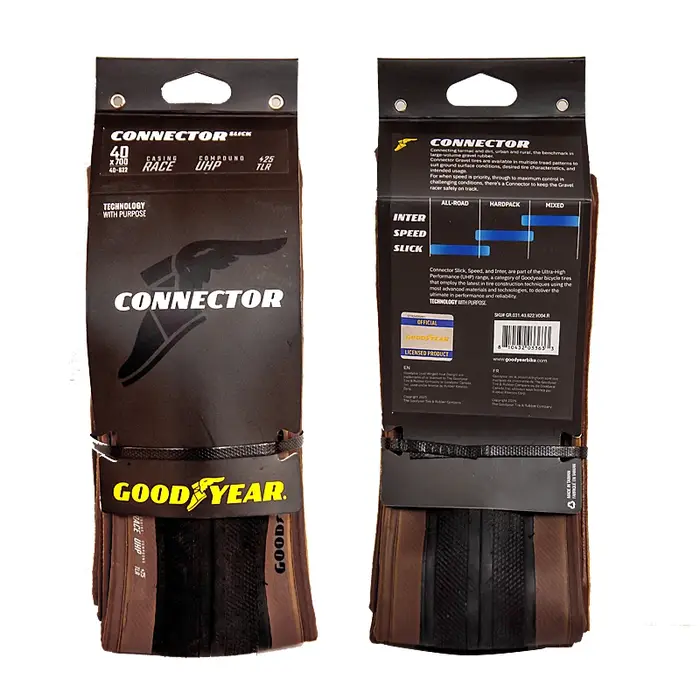 Pneu de vélo Goodyear Gravel Connector Speed/Slick/Inter Race 700 x 40C Tubeless Fold 120TPI Noir/Marron pour Cross