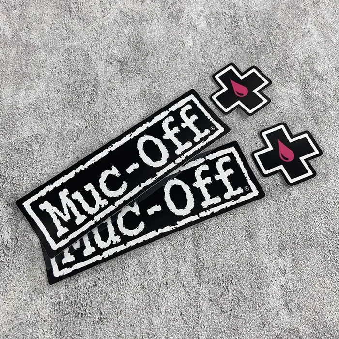 1PC Muc - Off Brand Decals - Ensemble d'autocollants avec logo "Muc - Off" et icônes de gouttelettes croisées