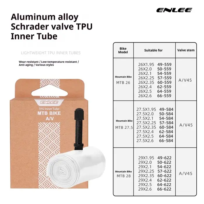 Chambre à air de vélo ENLEE en TPU avec valve Schrader en alliage d'aluminium