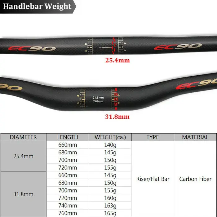 EC90-Guidon VTT ultraléger en fibre de carbone, dimensions 25.4/31.8mm, dimensions 660/680/700/720/7