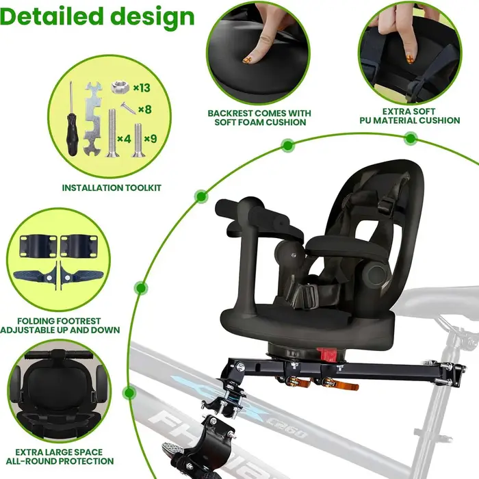 Siège de vélo pour enfant monté à l'avant, siège enfant pour VTT, 360 °   Siège pivotant, dégagement rapide, avec repose-pieds, accoudoirs, protection