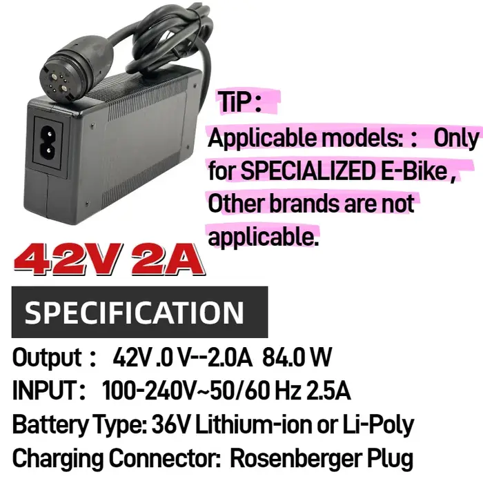 Chargeur de vélo électrique Elecrun 42V 4A /2A compatible avec la batterie Li-Ion 36V RoPd 6 broches Specialized Turbo