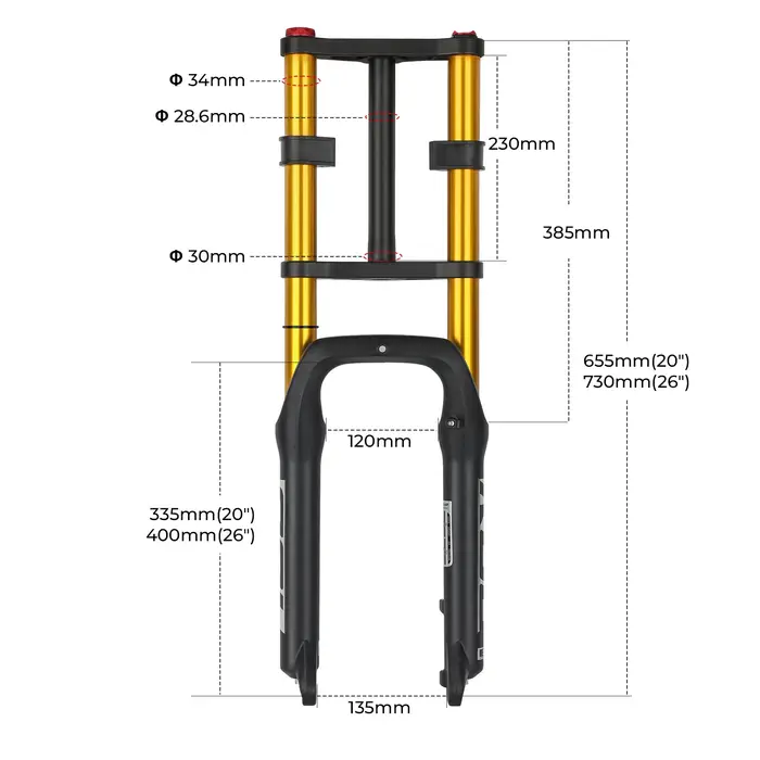 Fourche à air double suspension BOLANY 20x4.0 pouces pour vélo électrique à pneus larges, débattement de 130 mm, en alliage d'aluminium