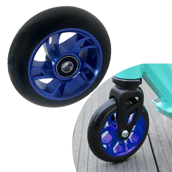 2 roues de trottinette acrobatique bleues de 100 mm avec moyeu en alliage d'aluminium, pneu en PU ha