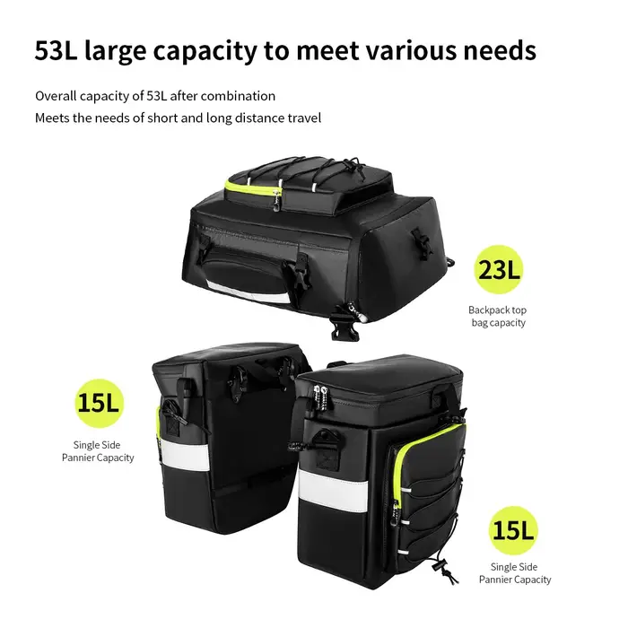 Sac de vélo Extra grande capacité Wagon étanche, sac d'étagère longue Distance cyclisme 3 en 1, sac 
