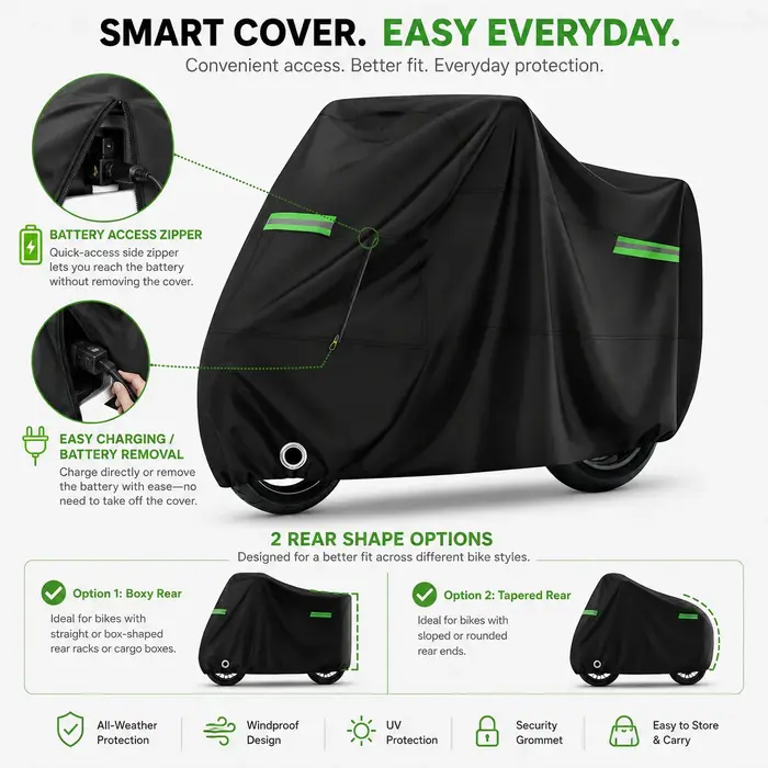 Housse pour vélo et cyclomoteur, tissu Oxford épais 500D, imperméable et résistant aux UV, fermeture éclair pour batterie, pour vélos électriques et sièges enfant, noir