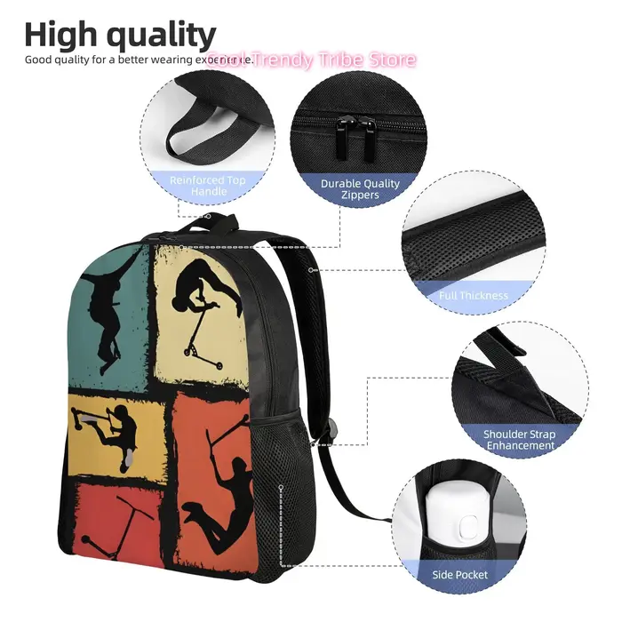 Trucs quotidiens pour une trottinette freestyle, accompagnés d'un sac à dos décontracté au design plat et élégant, parfait pour Stro