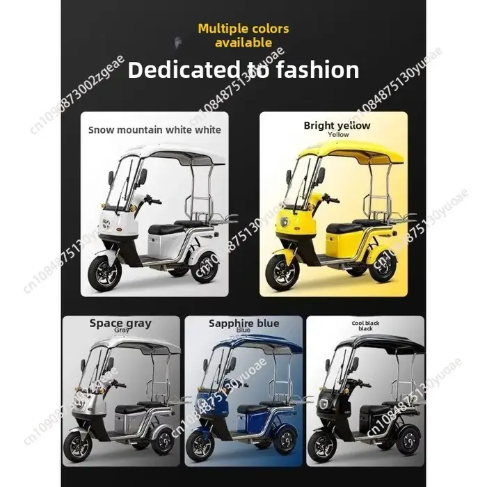 Tricycle électrique à 3 roues avec auvent pour livraison de nourriture scooter anti-basculement avec batterie au lithium 72V 50Ah bleu noir beige