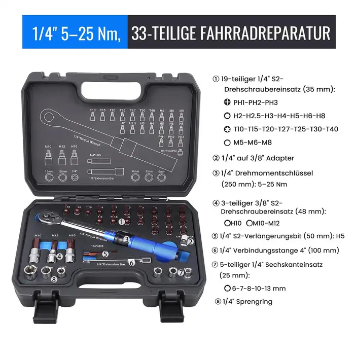 Clé dynamométrique pour vélo avec embouts 1/4 pouce