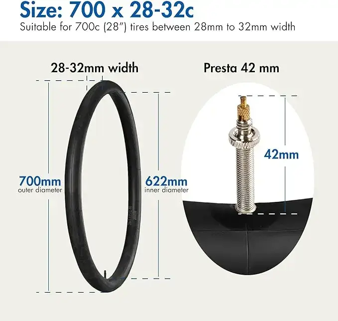 2 chambres à air de vélo 700c pour 700x32-40c, 700x23-28, chambre à air de vélo de 28 pouces pour vélo de route, vélo de gravier, VTT
