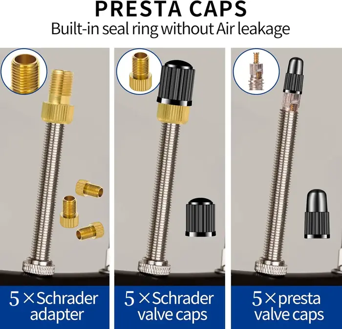 Adaptateur de assujetPresta en laiton (lot de 5 + 10 capuchons)-Convertir Presta en Schrader pour tous les types de