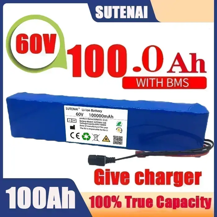 Batterie au lithium-ion 60V 100000mAH100Ah 16S2P 18650 pour vélo électrique, scooter électrique avec BMS + chargeur 67.2V