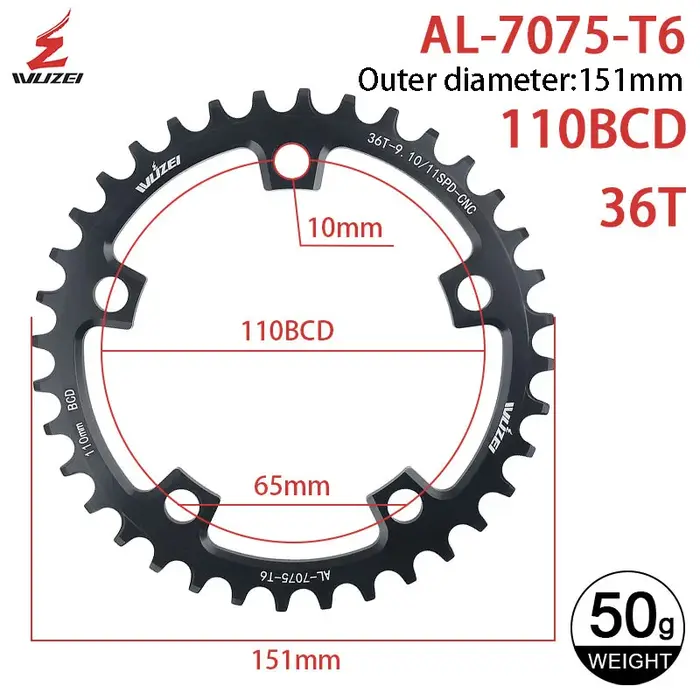 WUZEI 110BCD vélo de route 110 bcd plateau 5 boulons 36T 38T 40T 42T 44T 46T 48T 50T 52T 54T 56T 58T