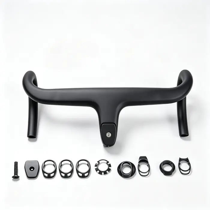 Guidon intégré pour vélo de route entièrement en carbone, sans logo, avec câblage interne et entretoises incluses. Diamètre de serrage de 28,6 mm, -10 ° Inclinaison