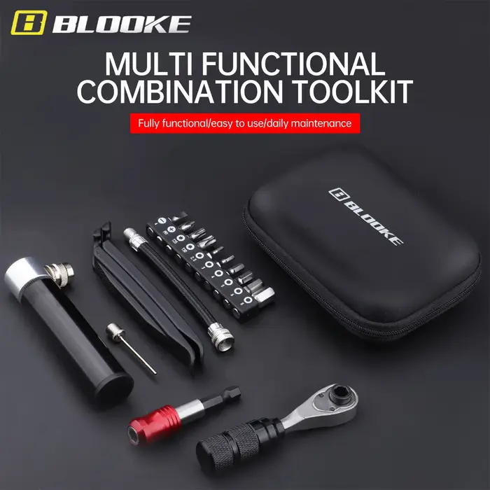 Kit d'outils de réparation de vélo multifonctionnel BLOOKE avec clé à cliquet, douilles, levier de démontage de pneu et pompe pour VTT et vélo de route