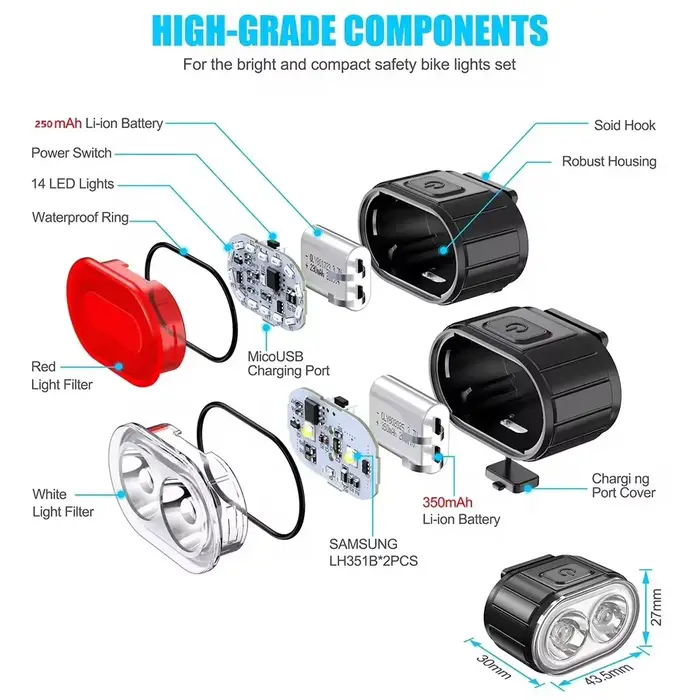 Feux avant et arrière de vélo, lampe de poche USB Rechargeable pour éclairage de vélo, accessoires d