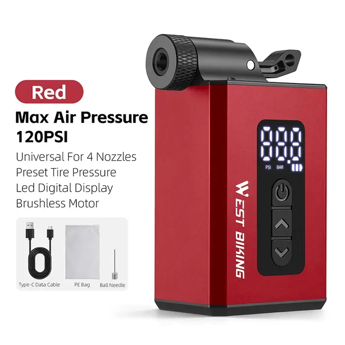 Pompe à vélo électrique miniature WEST BIKING 120 PSI, gonflage rapide avec pression prédéfinie pour valves Presta, Schrader, Dunlop et Clik