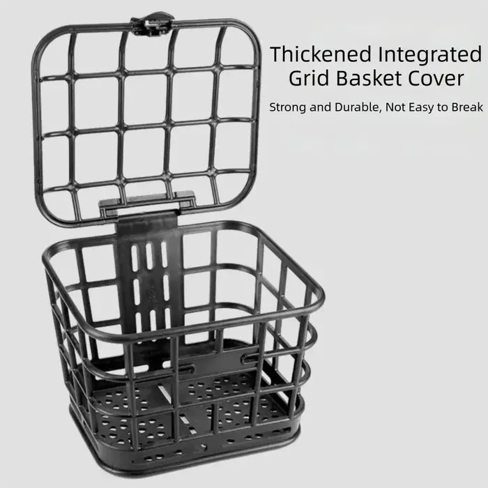 Panier avant de vélo noir, panier de rangement en plastique détachable, creux avec couvercle, sac de transport pour vélo électrique/vélo