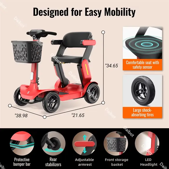 Scooter électrique intelligent pré-assemblé pliable à 4 roues pour adultes âgés handicapés avec détection de siège