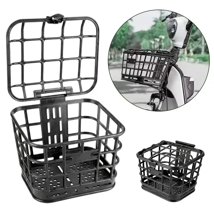 Panier avant de vélo noir, panier de rangement en plastique détachable, creux avec couvercle, sac de transport pour vélo électrique/vélo