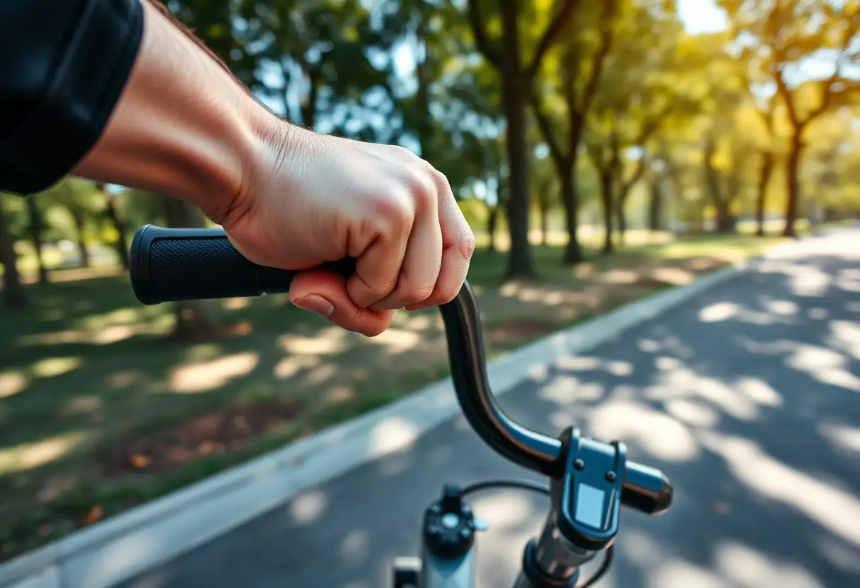 Main gauche tenant les guidons ergonomiques d'une trottinette électrique dans un parc